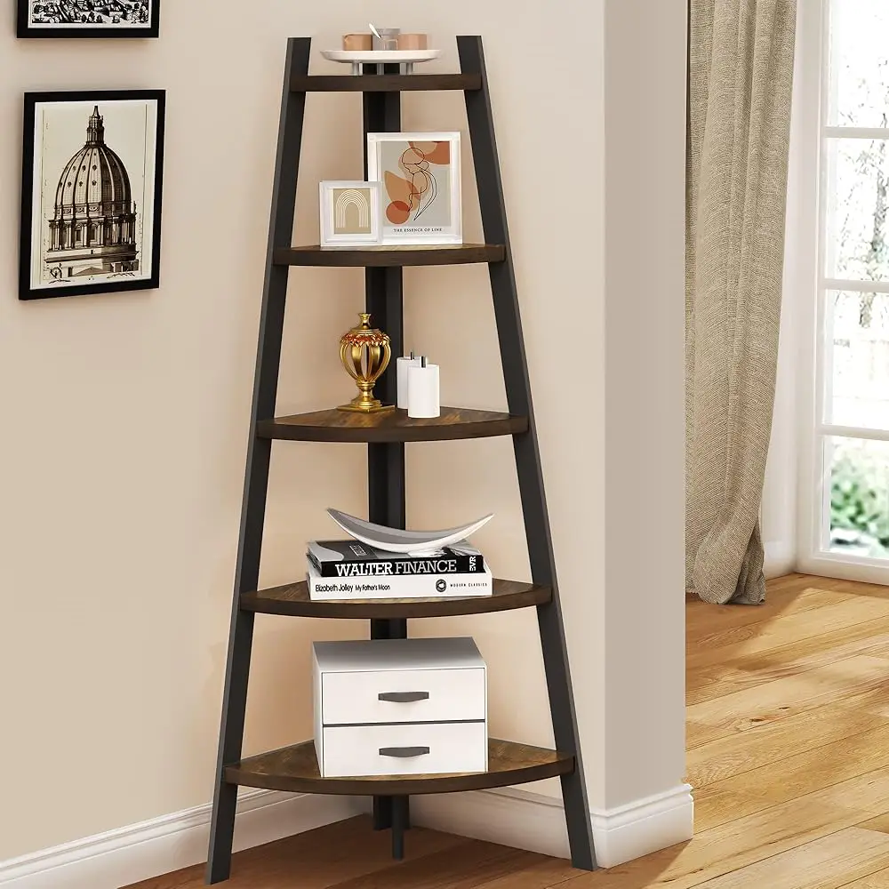 

Corner , 5 Tier Corner Tall Rustic Multipurpose Bookshelf with 1.96'' Wide Frame, Industrial Ladder and Plant Stand wi Rv