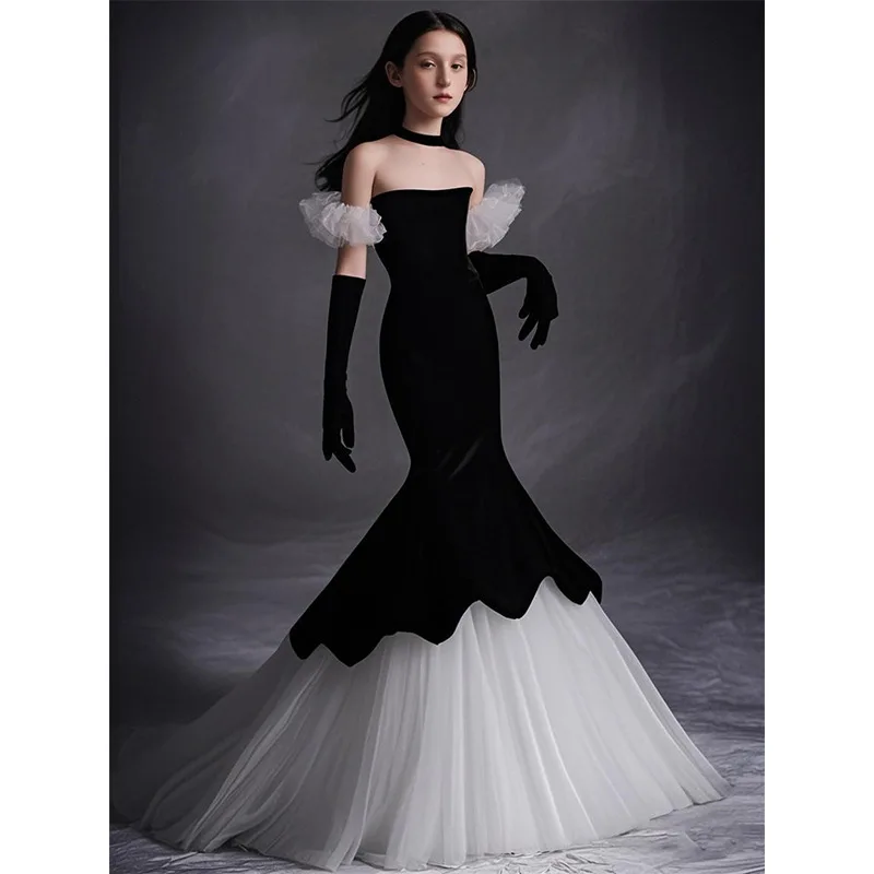 2026 New Black Girls Formal Dress Children Black Runway Host Performance Sweep Train Princess Gown Long Dresses Kids Costume