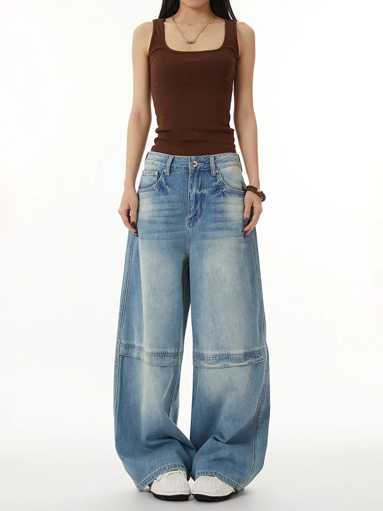 

Tall Women's Extended American Retro Blue Wide Leg Jeans Spring Loose Slimming Patchwork Lazy Style Long Pants Cleanfit