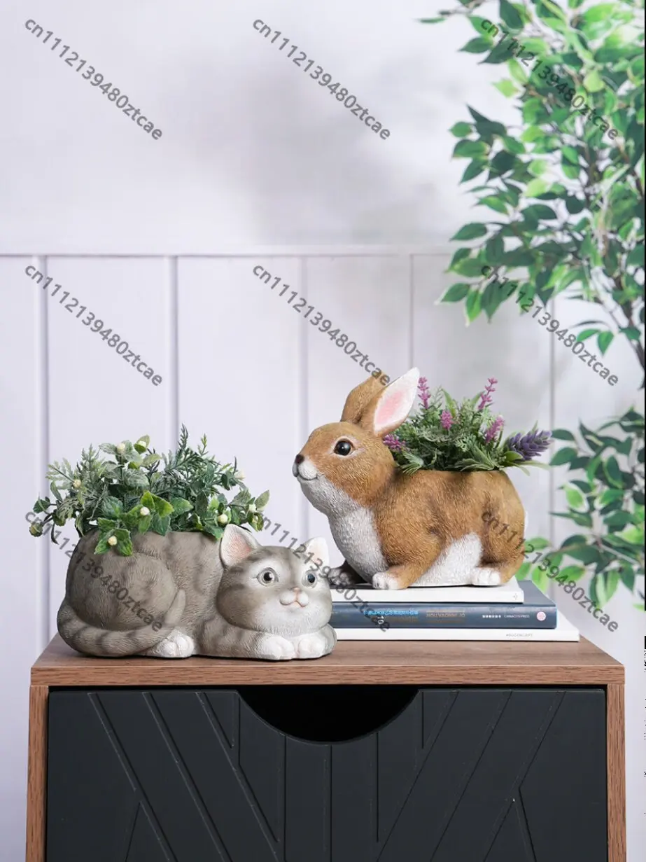 Resin Cartoon Kitten Rabbit Animal Shaped Succulent Planter Mini Green Plant Bonsai Pot Home Desktop Decor Craft