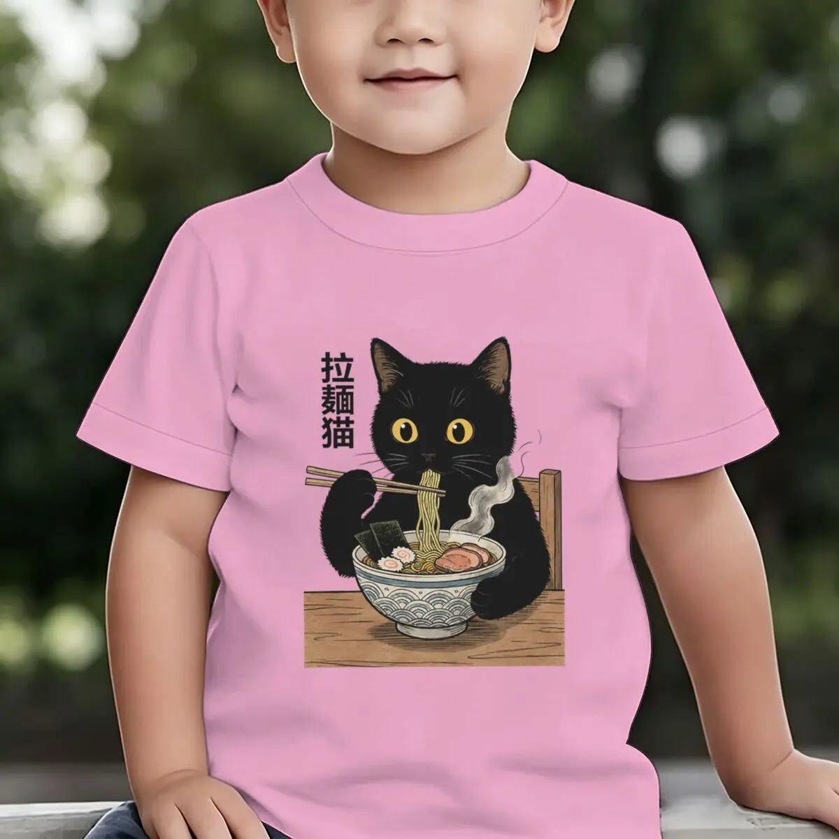 Kids T-shirts Black Cat Eating Ramen Graphic T Shirts Japanese Food Lover Girl Boy Soft Cotton T-Shirt Cat Lover Kids Casual Tee