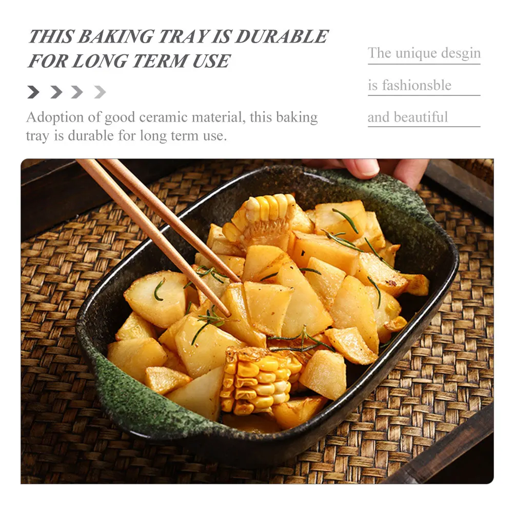 Ceramic Binaural Baking Pan Microwave Oven Safe Easy Clean Anti Scald Handles Versatile Food Dish Home Kitchen