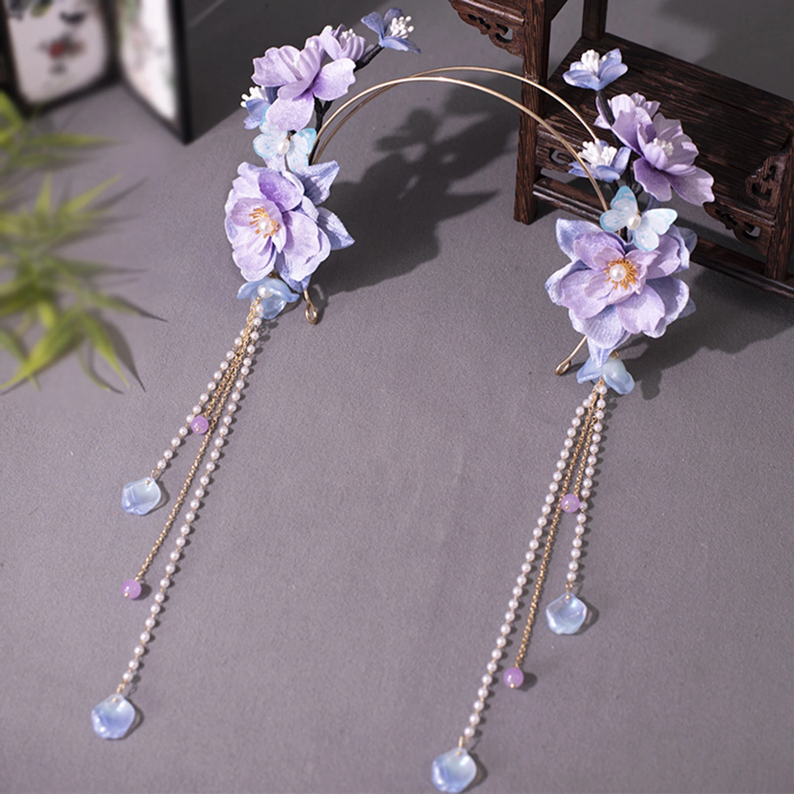 Temperament Hair Hoop Long Tassel Hairband Purple Floral Headbands Chinese Hanfu Hair Accessories Retro Bridal Prom Hair Jewelry