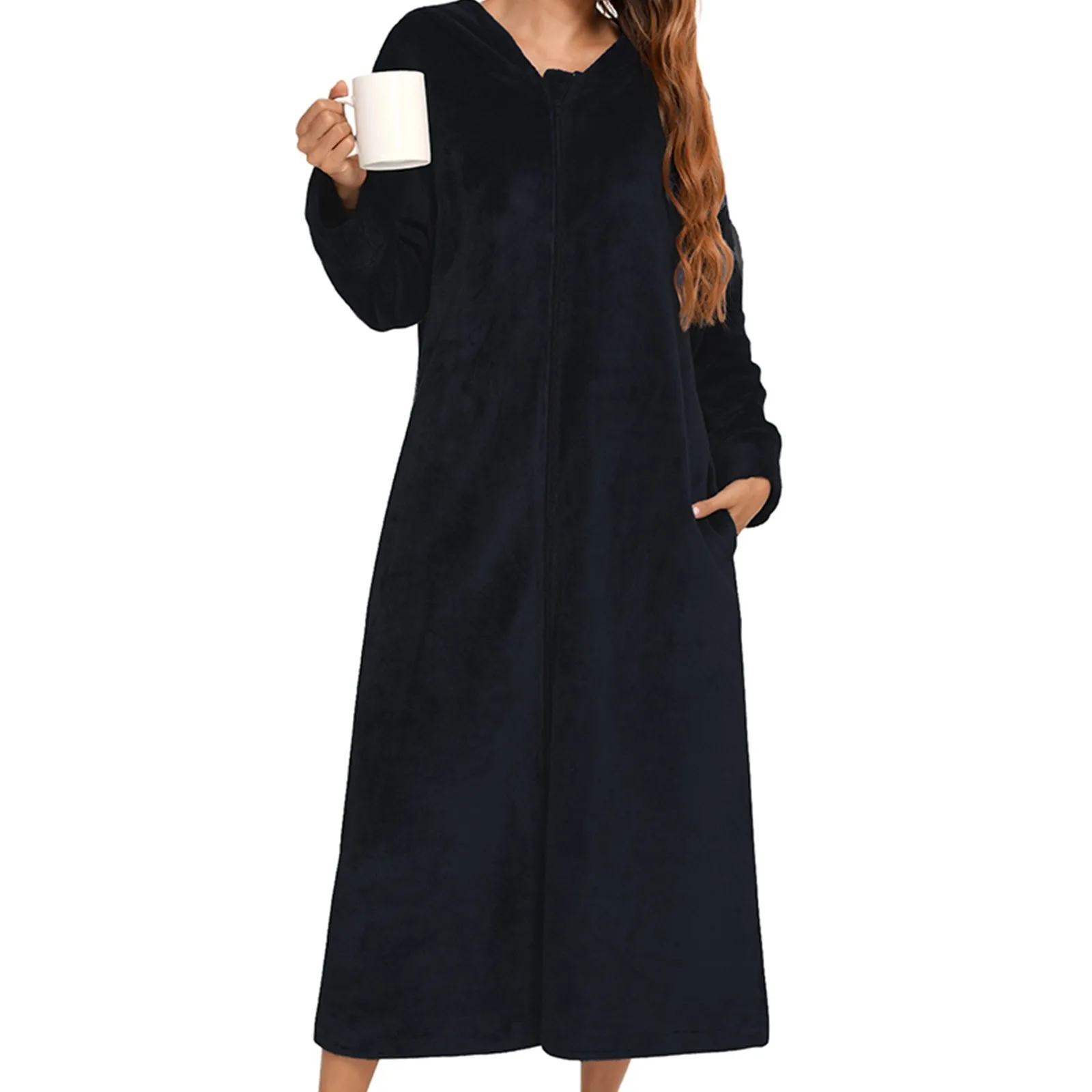 Winter Long Fleece Bathrobes Sleepwear Women's New Solid Color Zipper Bath Robe Dressing Gown Autumn Warm Hooded Home Wear