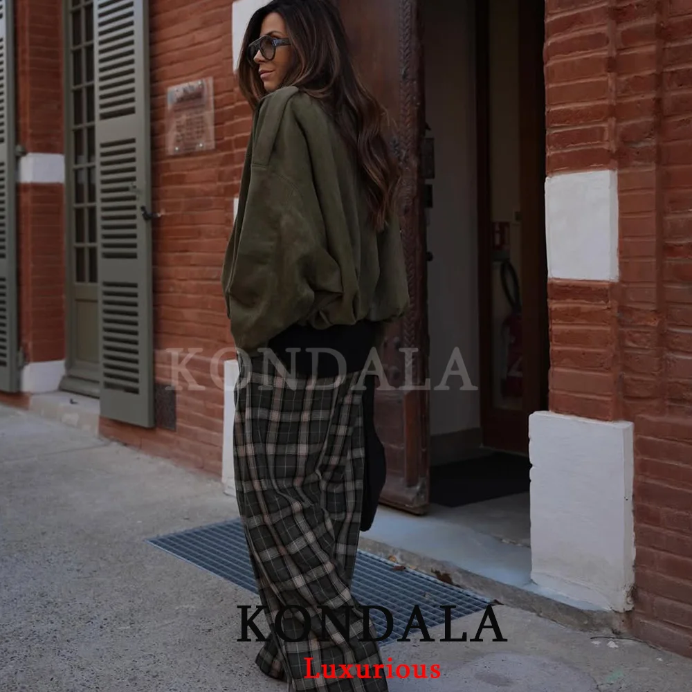 KONDALA Streetwear Chic Armygreen Suede Jackets Women Long Sleeve Zipper Oversized Coats Fashion 2026 Spring Casual Outwears