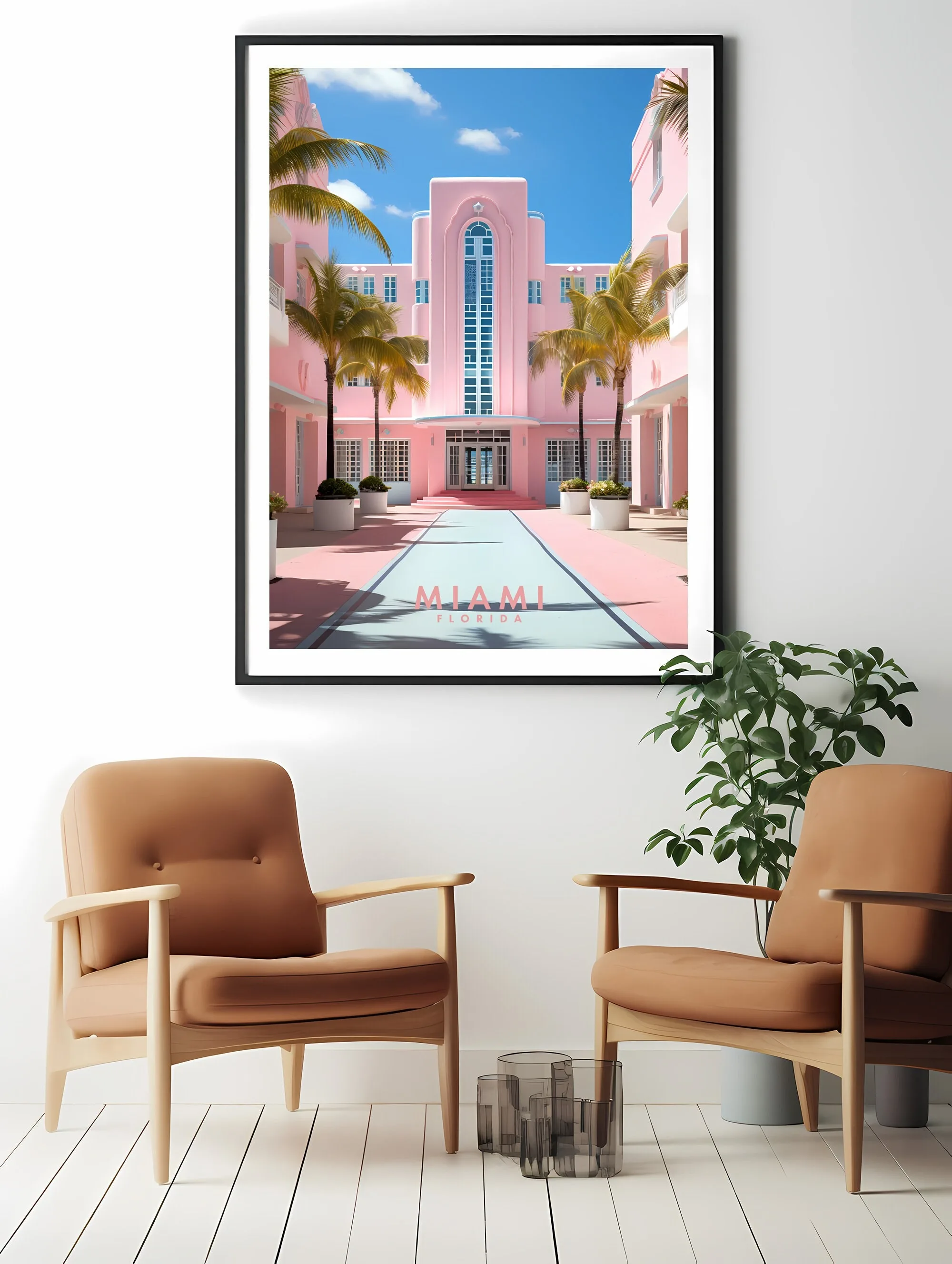 

Miami travel poster, pink art canvas poster wall decoration, housewarming gift, home décor, suitable for bedroom and living room