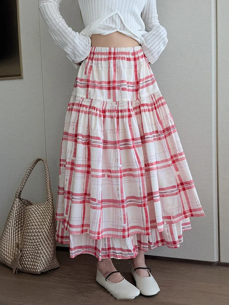 

Cute Red Plaid Long Skirt Women Loose High Waist Sweet Cake Skirts Spring Summer Casual Female Vintage Korean Elegant Long Skirt