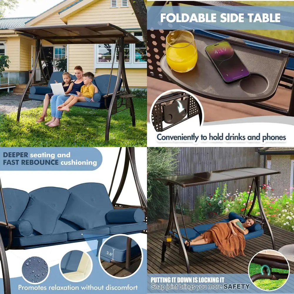 أرجوحة الشرفة الخارجية 3 في 1 قابلة للتحويل مع سطح صلب قابل للتعديل ووسادة سميكة للبالغين