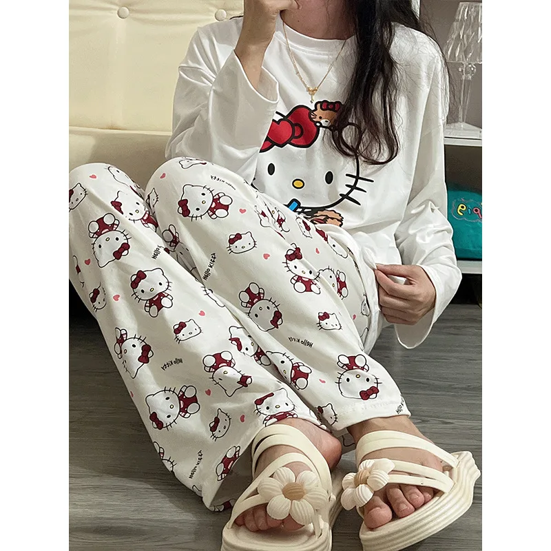 Hello Kitty-Pyjama à col rond pour femme, vêtements de maison, simple, décontracté, manches longues, pantalon long, ensemble 2 pièces, mignon, printemps et automne