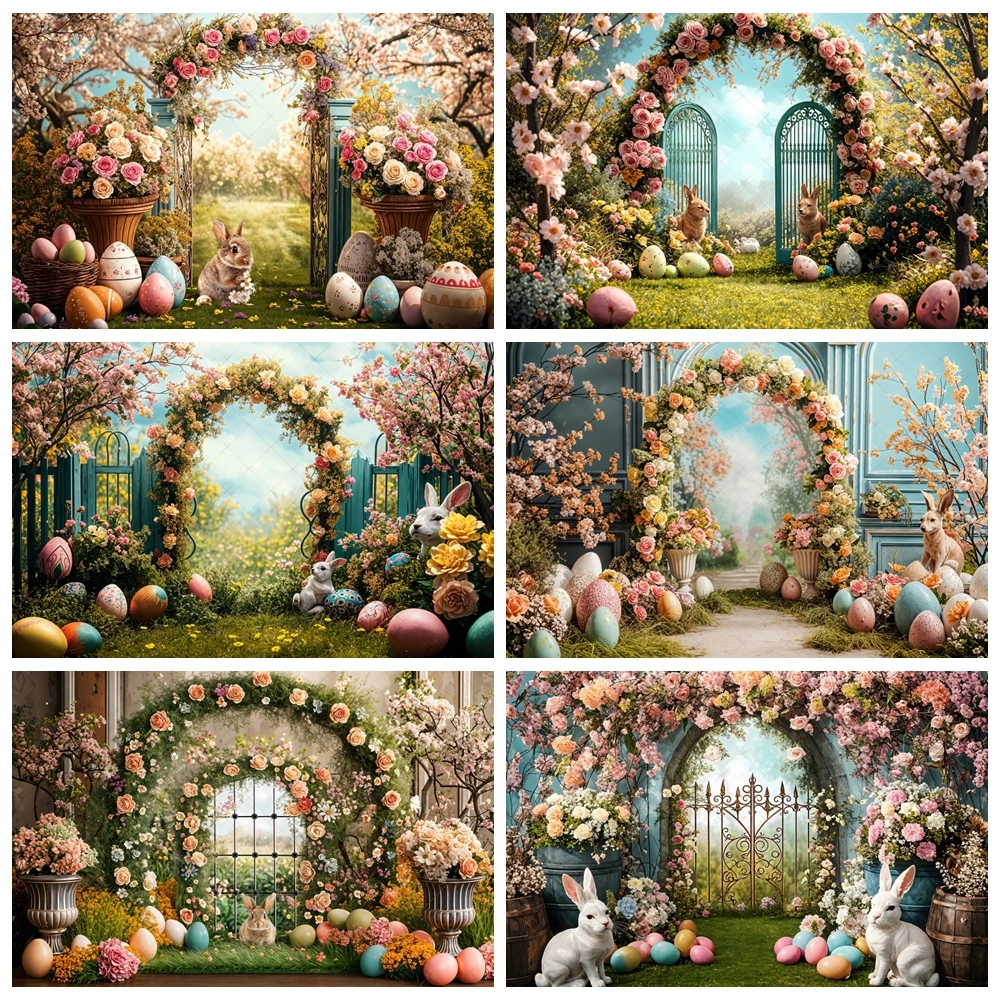 

Spring Easter Backdrop Bunny Colorful Eggs Flowers Arch Wreath Rabbit Easter Kids Birthday Baby Portrait Photography Background