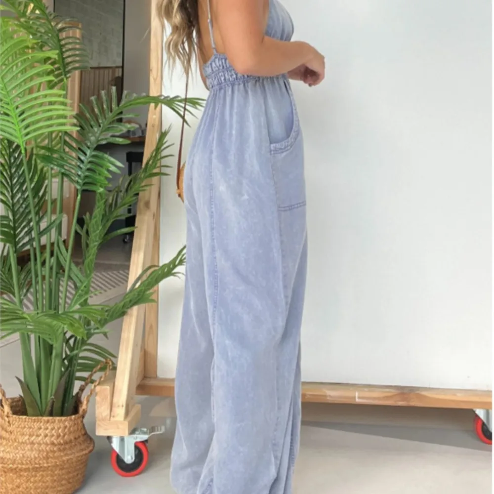 Summer Sexy Halter Halter Women's Denim Jumpsuit Fashion Pocket Loose Cinched Leg Pants Casual Vacation Female Rompers Pants2024