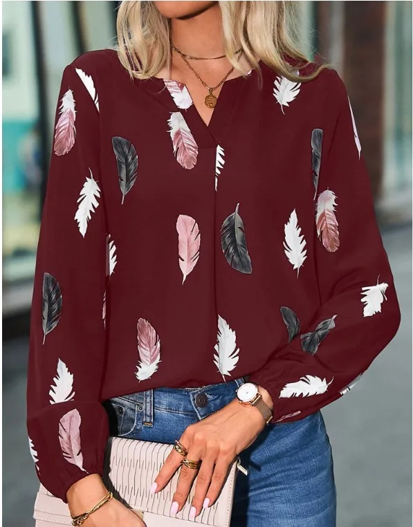 Plus Size Woman Blouse Shirts For Women Stylish Top long Sleeve Feather Pattern Female Tops Elegant Chiffon Mujer Woman Clothes image 3