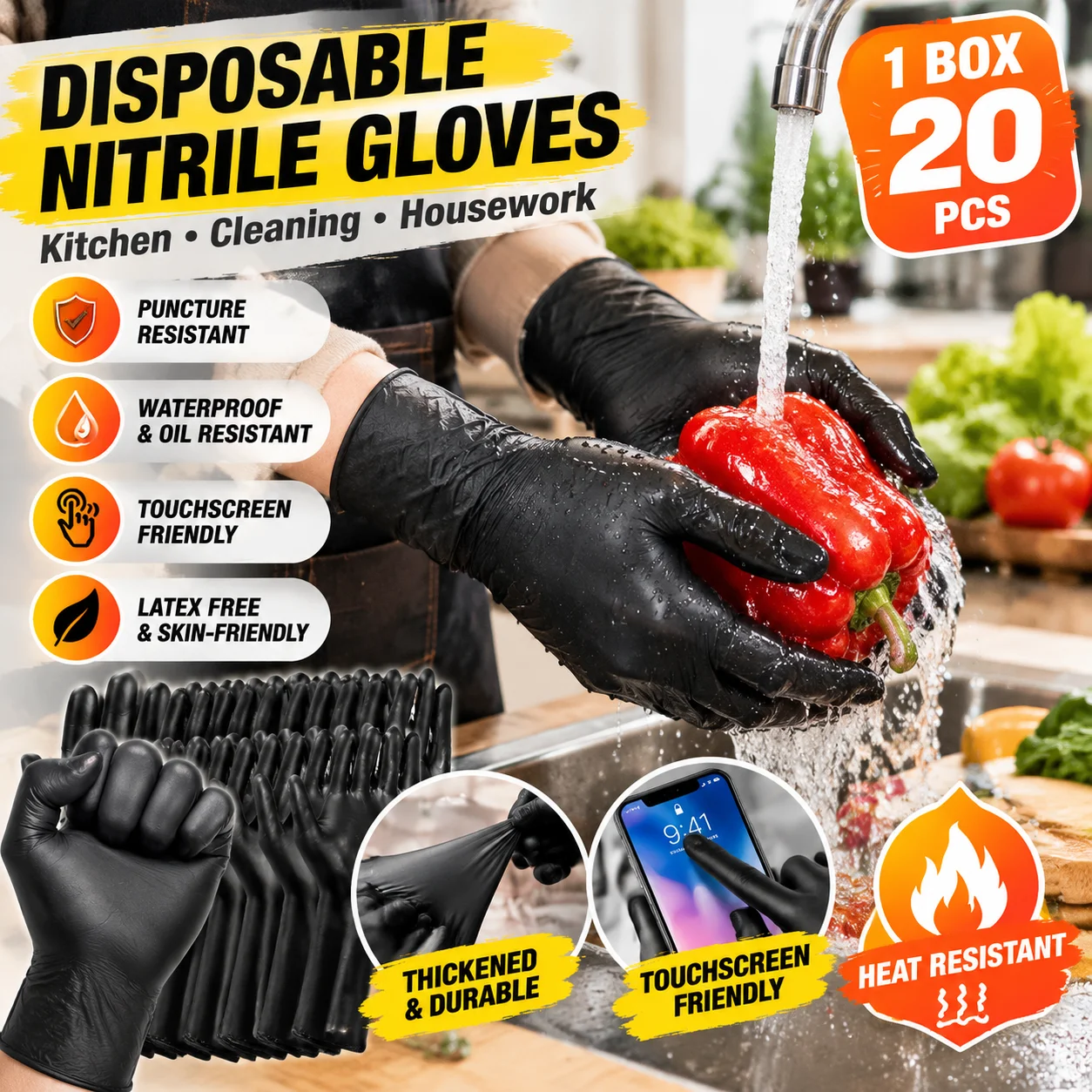 Waterproof Disposable Black Nitrile Gloves Latex Free Thickened Kitchen Cooking Housework Cleaning Tools Pack