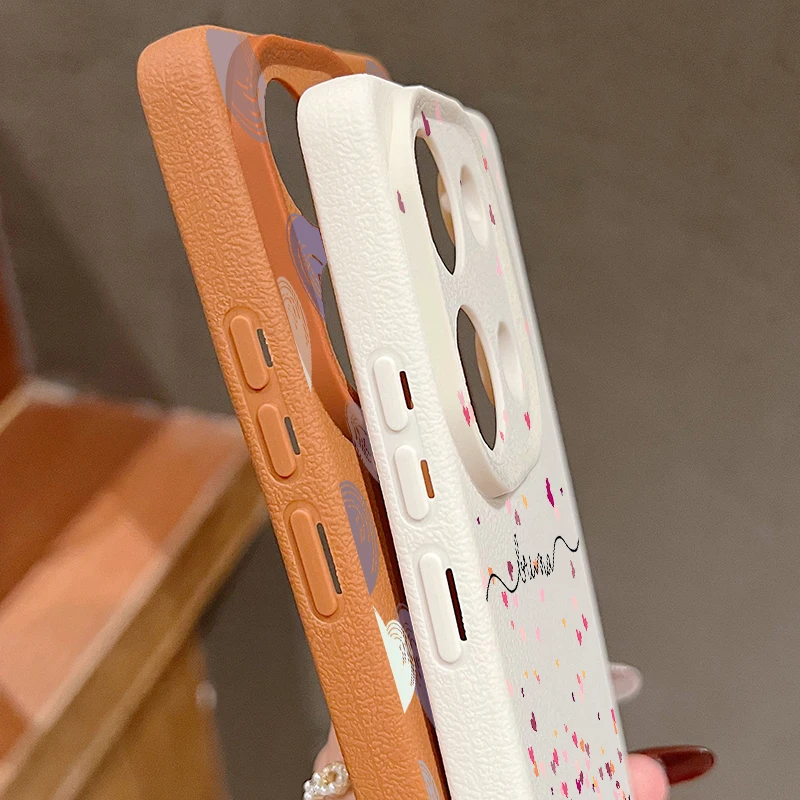 Romantic Little Heart Case For Xiaomi Redmi Note 14 13 Pro 5G 14 13 4G 12 11 Poco X6 F6 13T 13C Leather Texture TPU Phone Cover