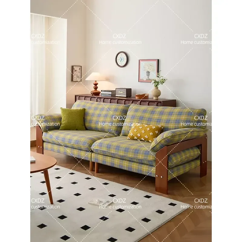 Removable Washable Fabric Sofa 3 Seater Straight Row Solid Wood Frame Retro Plaid Design for Small Apartment Living Room