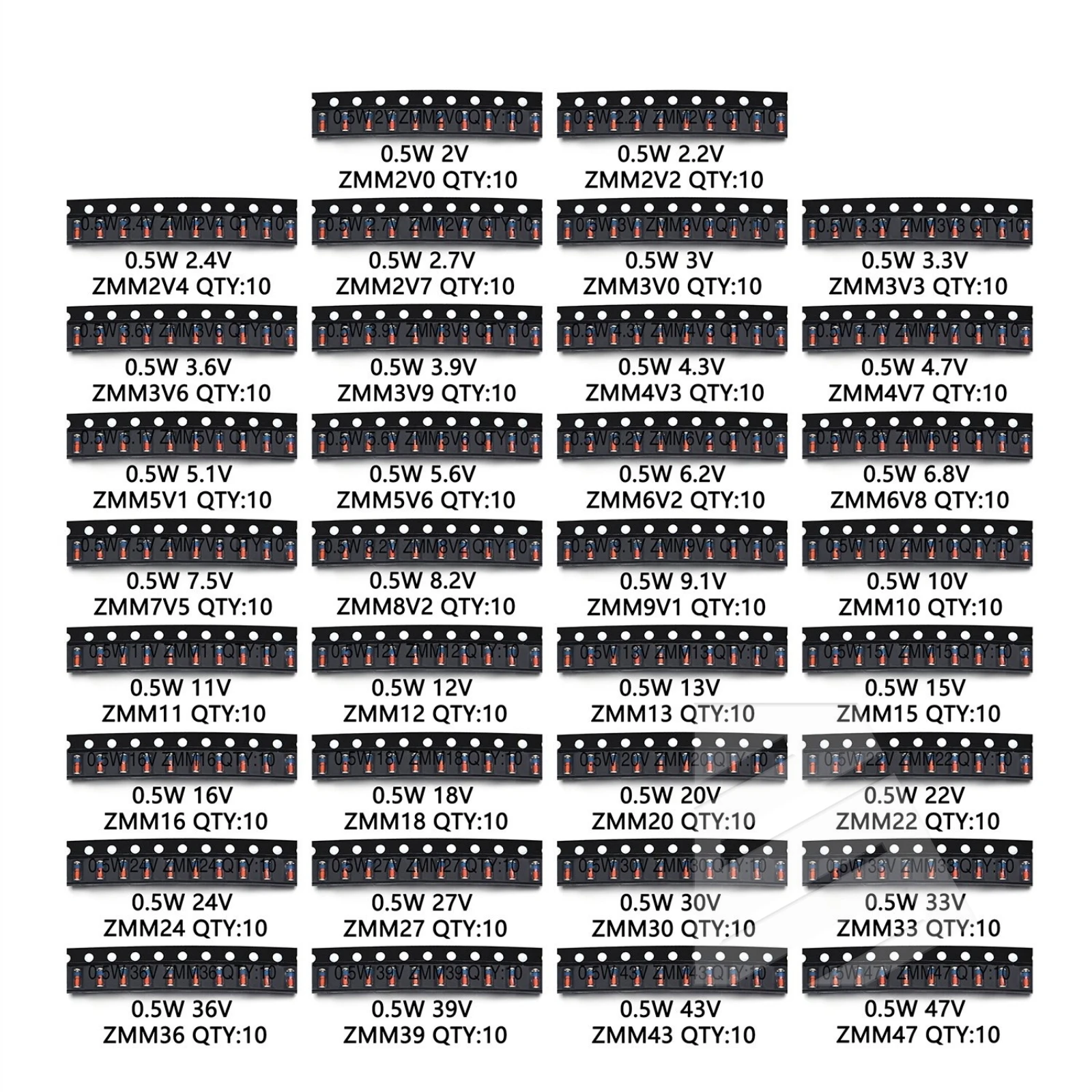 340PCS/Lot 0.5W LL34 SMD Zener diode Kit 1/2W 2V-47V 34Values Each 10pcs DIY Sample Set