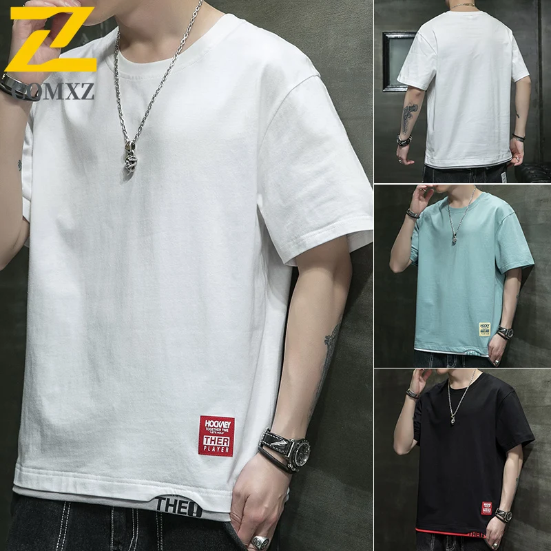 

Casual Oversized T-shirt Men's Summer New Cotton Comfortable Fake 2 Pieces Short Sleeve Street Clothes Plus Size 8xl Sports Tops