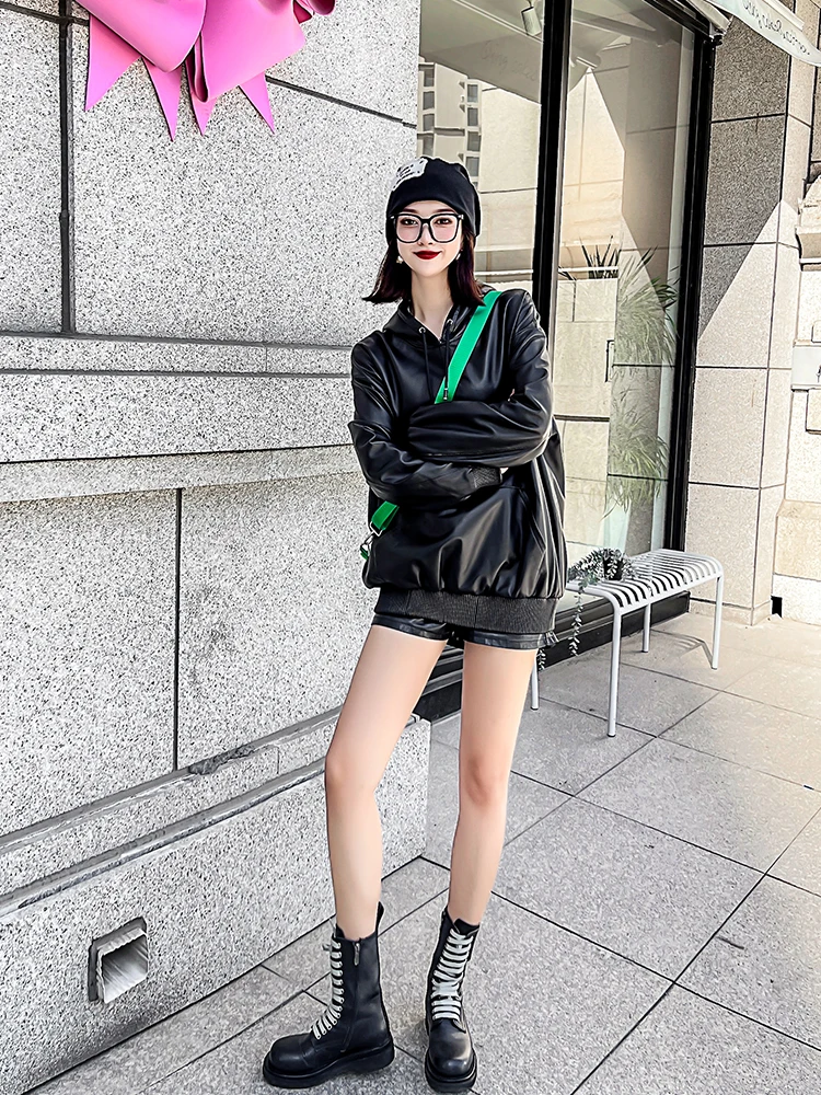 High Street Spring Women Oversized Pullover Genuine Leather Hooded Sweatshirt Loose Fit Outerwear Casual Real Sheepskin Jacket