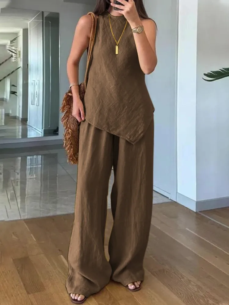 Summer Cotton Linen Loose 2 Piece Sets Women's Solid Irregular Hem Top Outfit Casual Sleeveless O-neck Top Wide Leg Pants Set