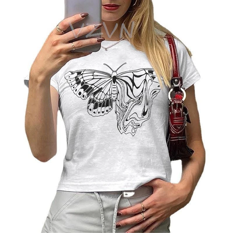 

Harajuku Goth Short Sleeve Y2K Style Letter Print Fairy Grunge Summer E-girl White Crop Top Slim 2000s Star Streetwear T-shirts