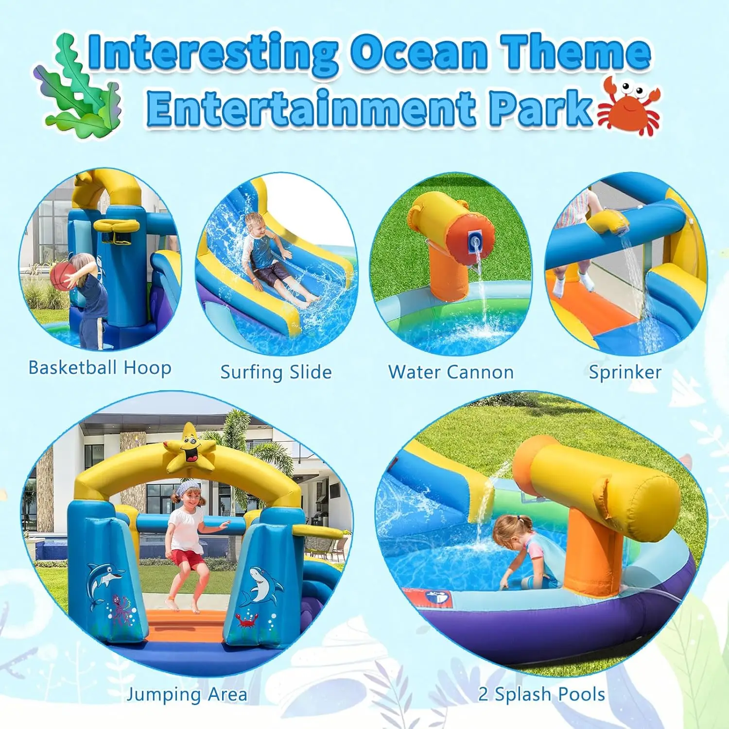 Nadmuchiwana zjeżdżalnia wodna z dmuchawą 735w, Park wodny z Bounce House o tematyce oceanicznej z basenem z piłkami i pluskiem, wewnętrzne dmuchane Cas na zewnątrz