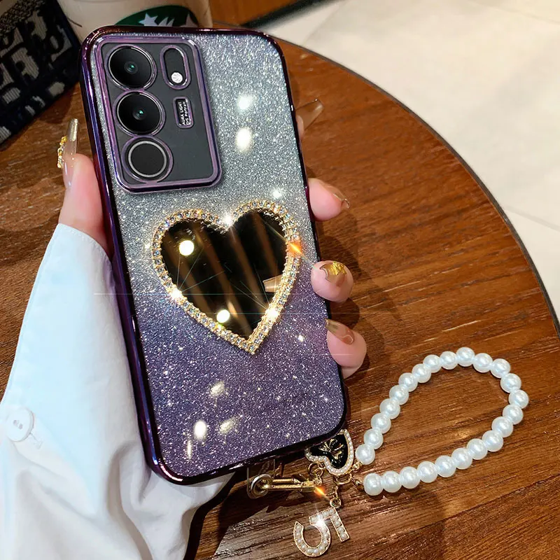 V 29 Cover Luxury Pearl Bracelet Case For Vivo V29 V30 Lite V27 pro V40 se Y72 Y78 Y51 Y31 Diamond Love Mirror Case with Lanyard
