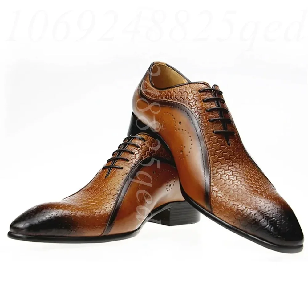 Men's Two-Tone Embossed Leather Dress Shoes Gradient Burnished Finish Brogue Perforations, Lace-Up Shoes for Formal Occasion