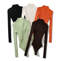 Long sleeve bodysuit fashion sexy​ ​lingerie women body knit black bodysuit bodycon body suit ribbed one-pieces sexy tops orange