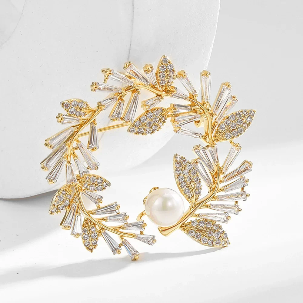 Rhinestone Crystal Olives Wreath Brooches for Women Men Copper Pearl Brooch Pin Collar Jewelry Female Coat Dress Accessories