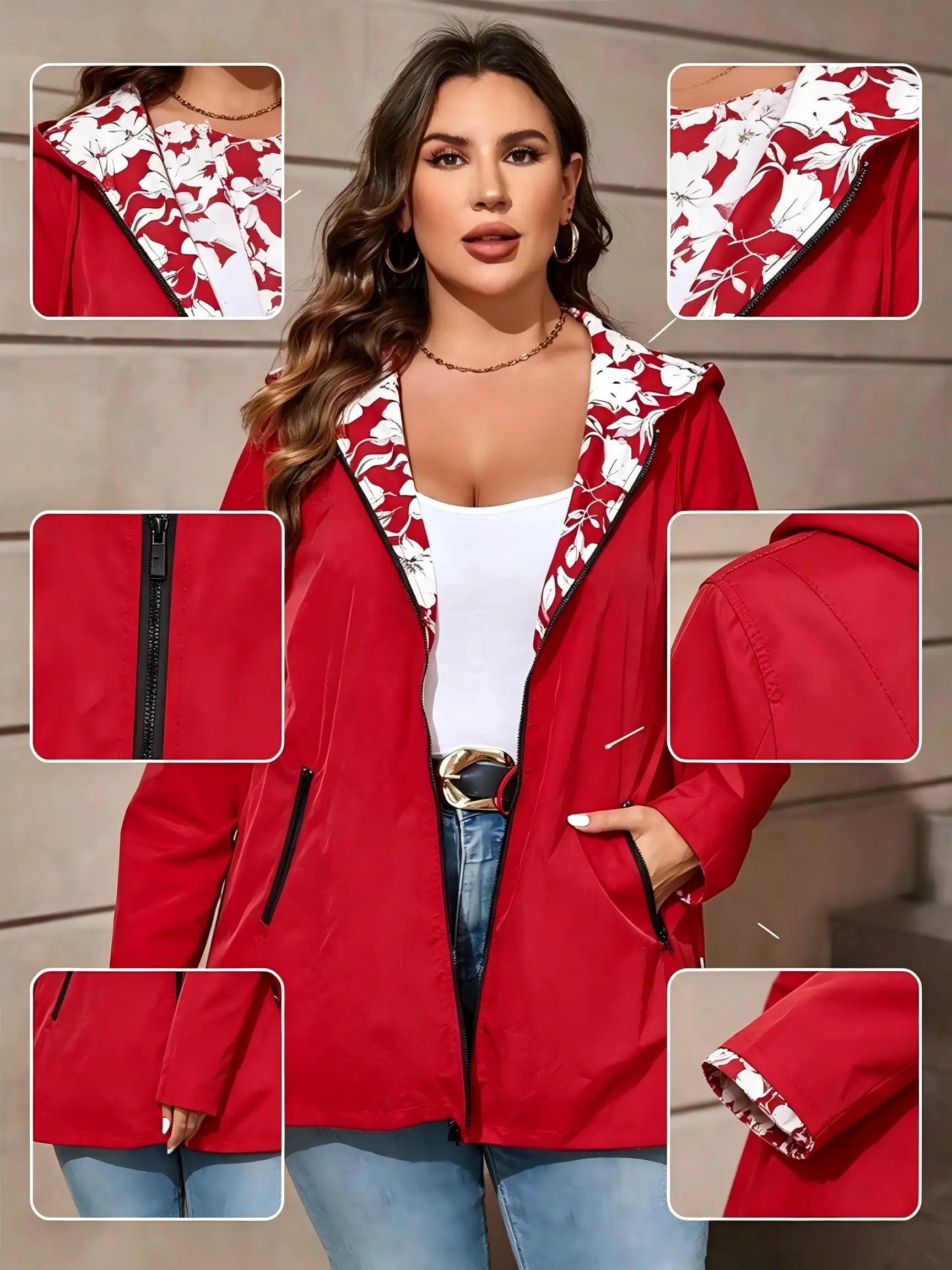 Plus Size Women Reversible Hooded Jacket Red Floral Print 2 Sides Wear Windbreaker Zip Up Casual Fall Outerwear
