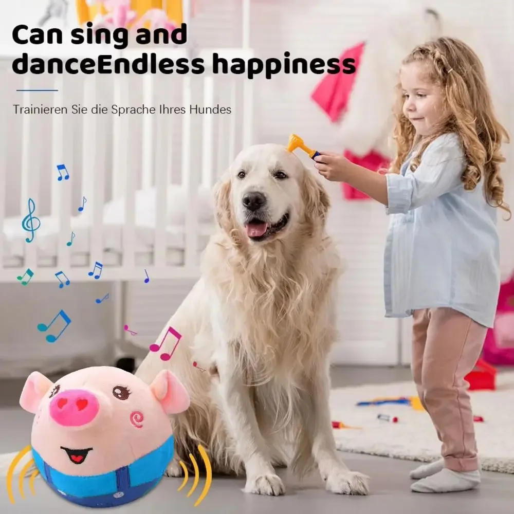 USB Rechargeable Plush Pet Toy Music Vibration Bouncing Jump Ball Interactive Cartoon Pig Dog Chew Toy