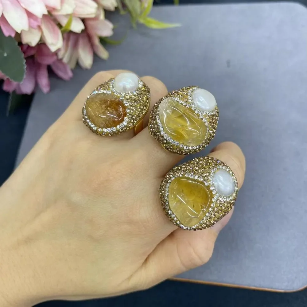 

New Natural Yellow Crystal Raw Stone Irregular Women's Ring Personalized Fashion Simple Lady Exquisite Gift Jewelry