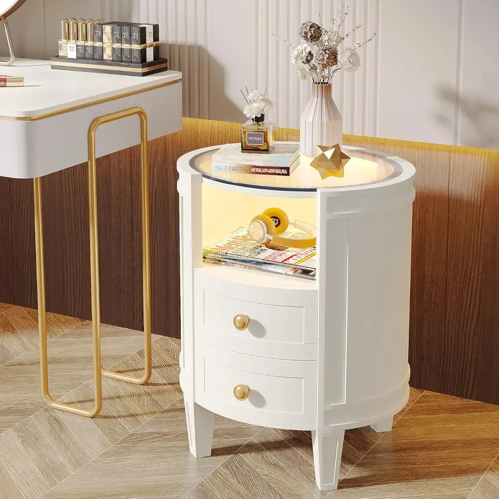 

2-Drawer Nightstand with Glass Tabletop, Modern White Oval LED Nightstands, No Assembly Required, Oval Round Night Stand Side