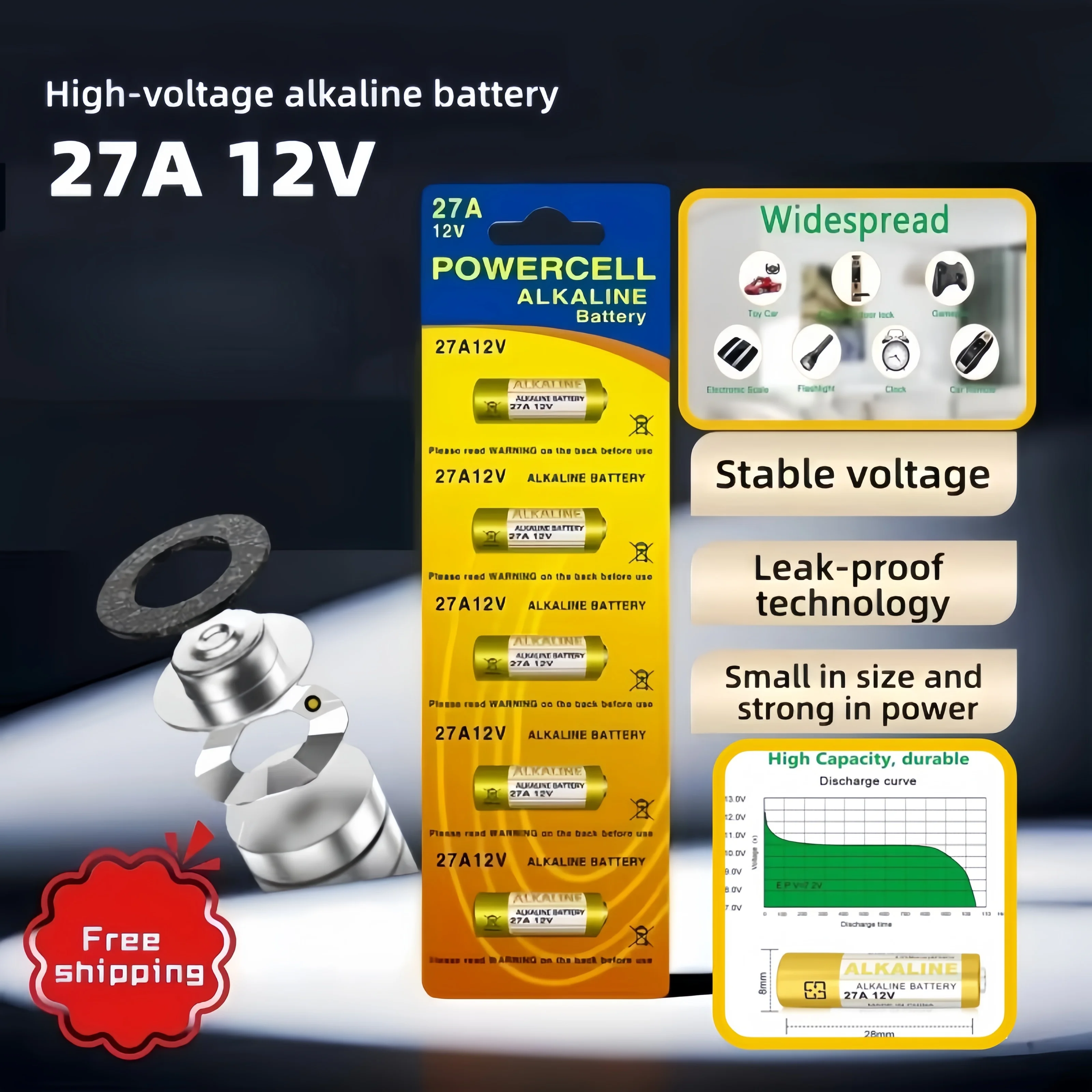 Мощная щелочная батарея A27, стабилизированное напряжение 12 В, совместимая с герметичной технологией G27A/MN27, широко используется Мощная щелочная батарея A27, стабилизированное напряжение 12 В, совместимая с герметичной технологией G27A/MN27, широко используется