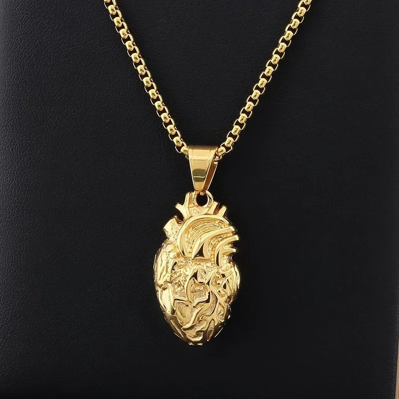 Personality Punk Quality 18K Gold Plated Titanium Steel Anatomical Heart Pendant Necklace for Men Creative Jewelry