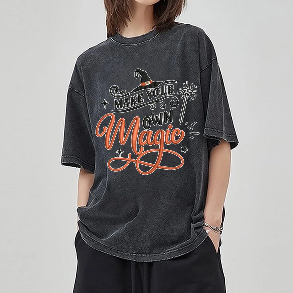 Magic Hand-Painted Letter Print Women's T-Shirt Washed Denim Oversized Loose Short Sleeve Unisex Fashion Casual Top Halloween