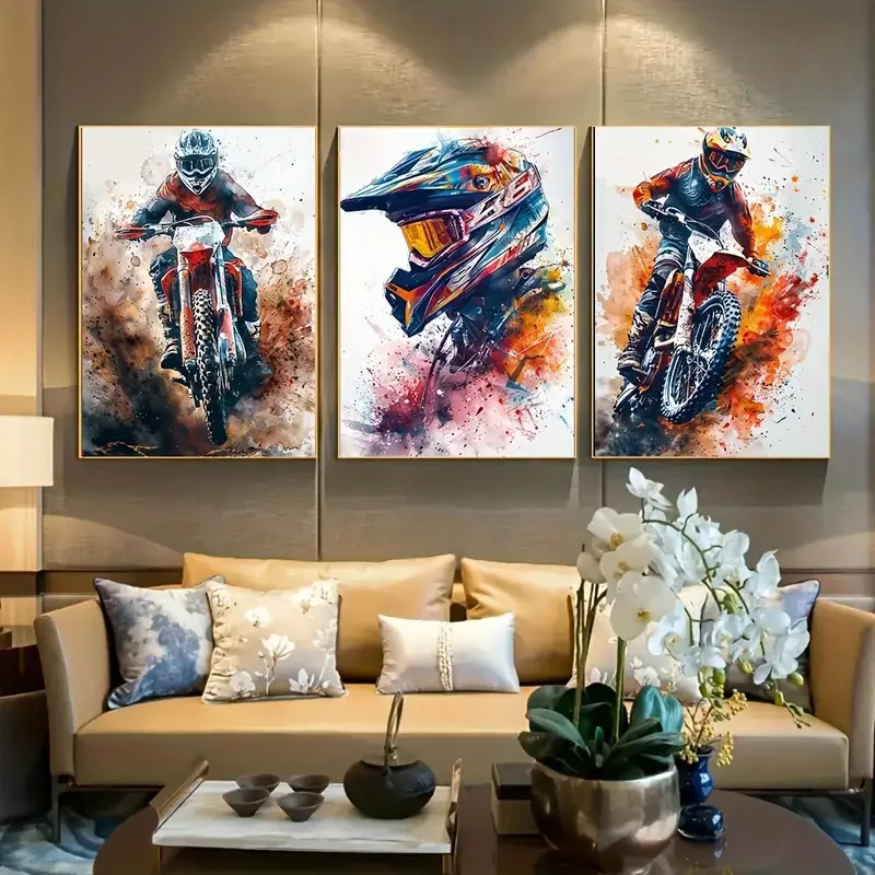 2D Flat 3pcs No Framed Canvas Set of 3 Modern Motorcross Canvas Wall Art Posters, Transportation Theme Artwork for Home Office,