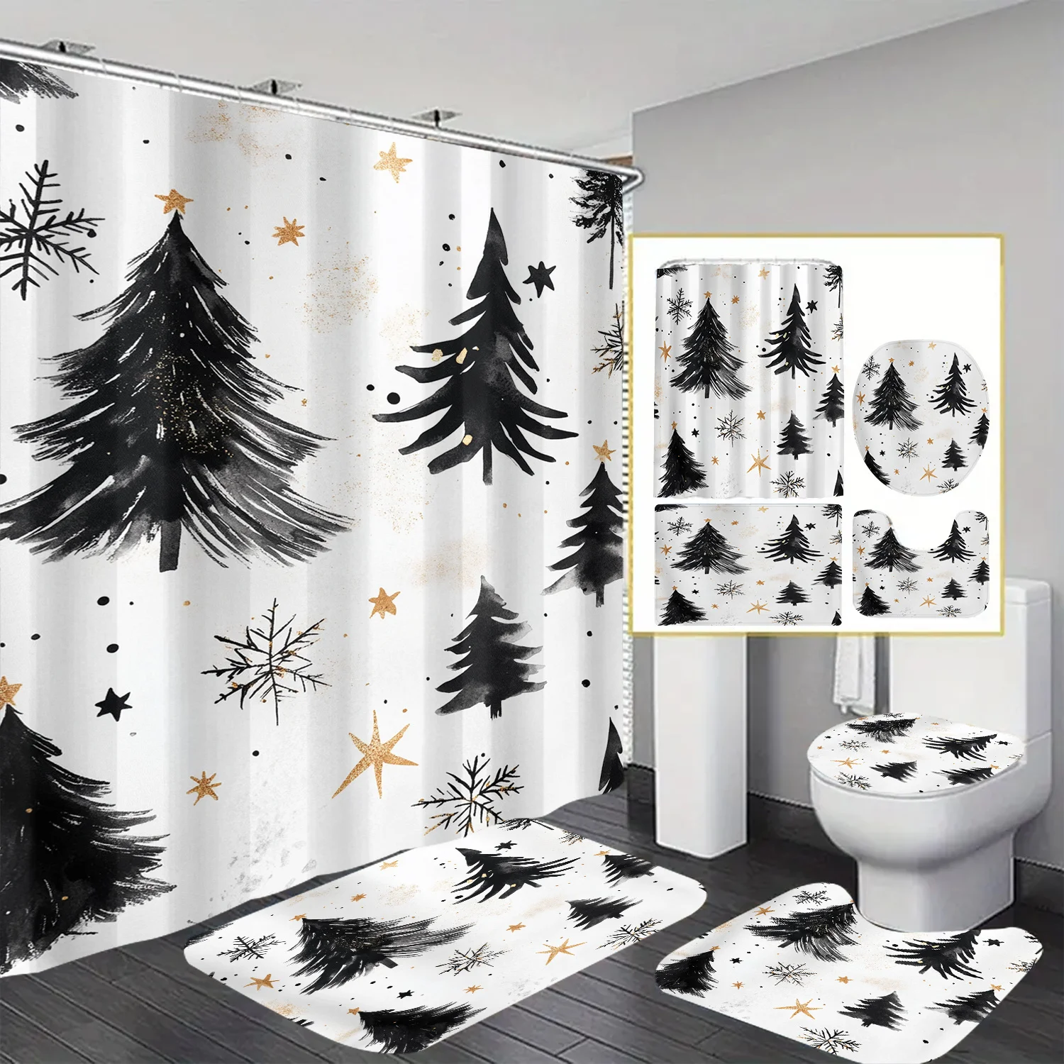 

Polyester Non-Woven Fabric Bathroom Curtain Set with Artistic Tree Design, Water-Resistant with 12 Hooks for Home and Hotel, Mac