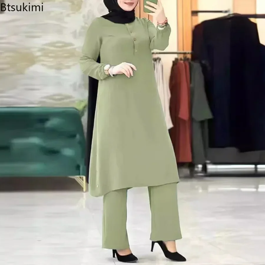 Arab Women Blouse Muslim Fashion Matching Sets Women\'s Elegant Tracksuit Casual Solid Shirt+Wide Leg Pants Suit Modest Clothing