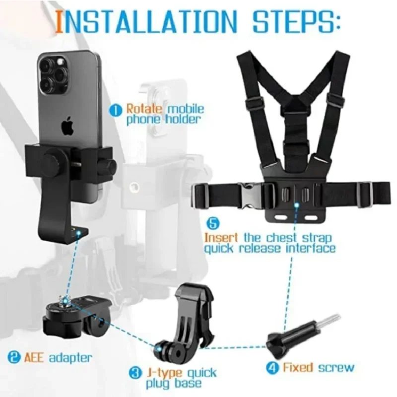 1 PC Adjustable Phone Clip Holder with Chest Strap Fixation Bracket for Sport Camera Mobile Phone Camera Black Holder Accessory