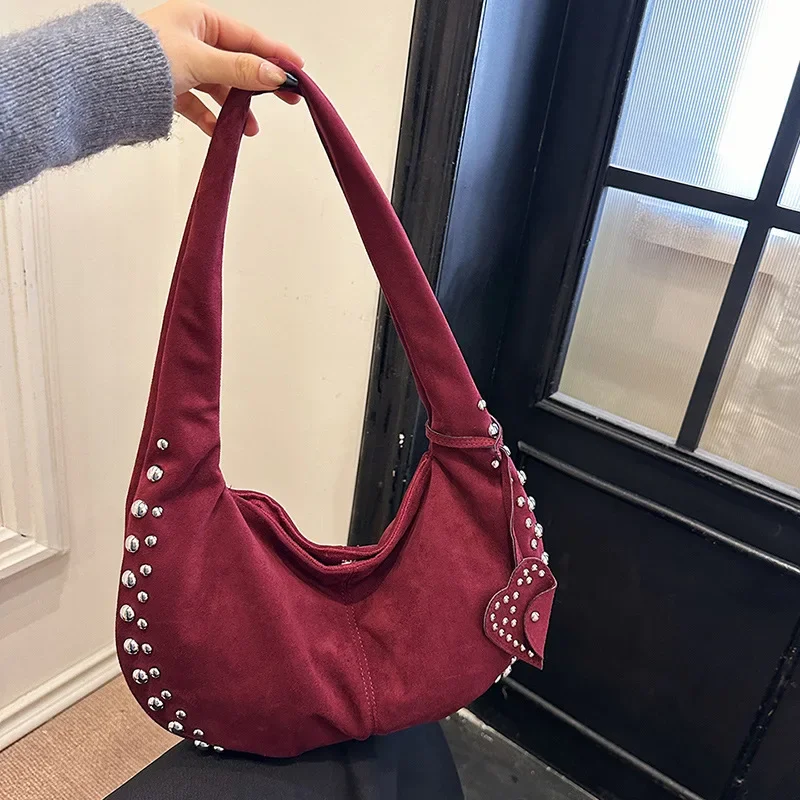 

Fashion Rivet Designer Handbags Half Moon Suede Hobos Tote Bags for Women Luxury High Quality Shoulder Bag Shopper Purses New