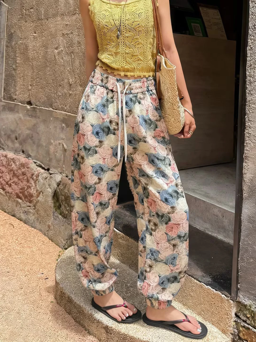 Spring Summer Thin Ice Silk Casual Pants Women Slimming Fashionable Cuffed Nine Point Harlan Loose High Waist Floral Cool Pants
