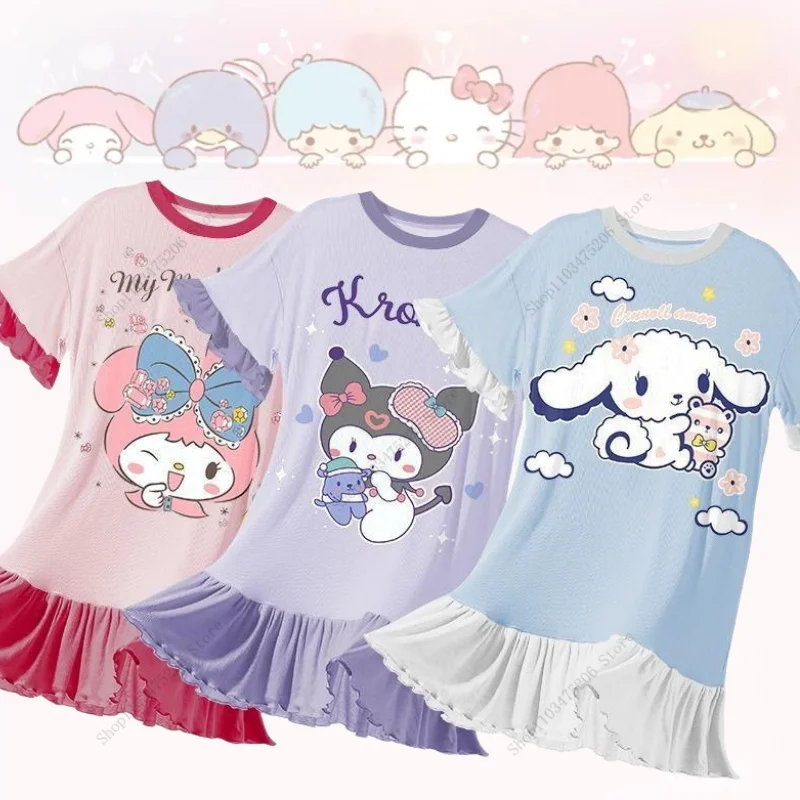 

Cute Sanrio Kuromi Cinnamoroll Melody Children's Pajamas Girl Nightdress Thin Summer Mother Kid Nightdress Home Wear Child Gift