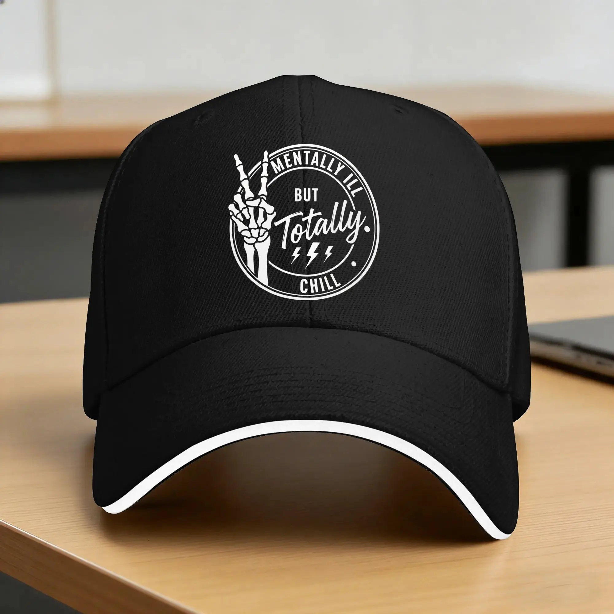 Halloween Mentally Ill But Totally Chill Skeleton Badge T Shirt B0G5SNGQQM Baseball Cap  Casual Men Women Trucker Hat Sunscreen