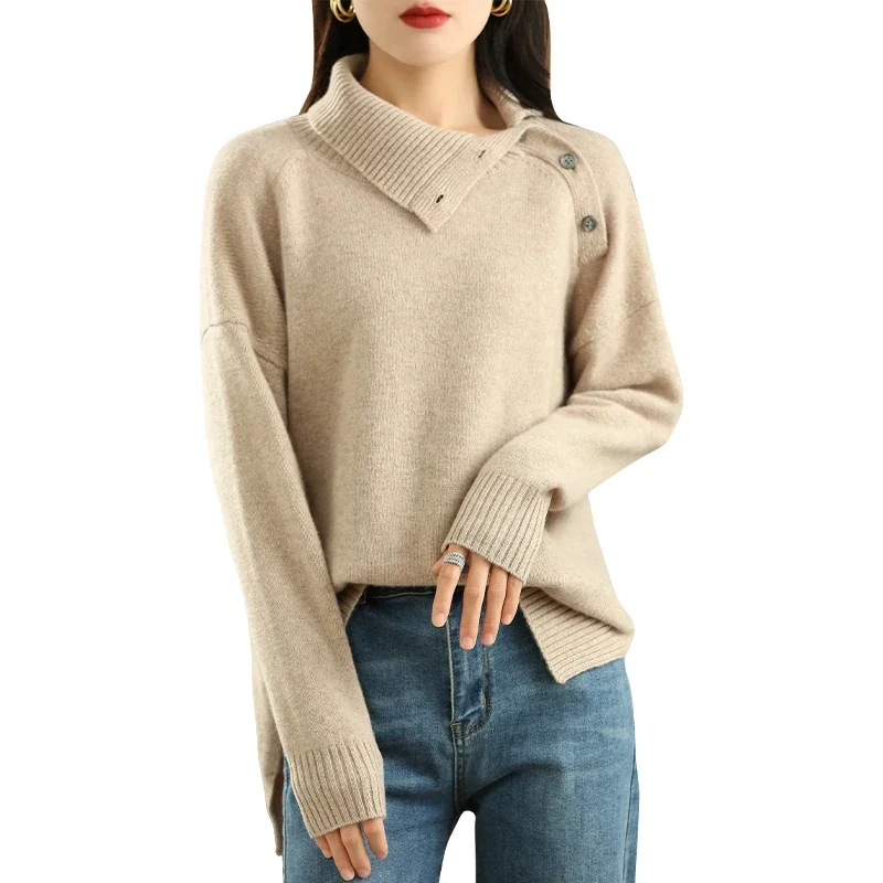 Autumn Winter New Pure Wool Sweater Women's Loose Button Half Open Collar Design All Match Knitting Tops