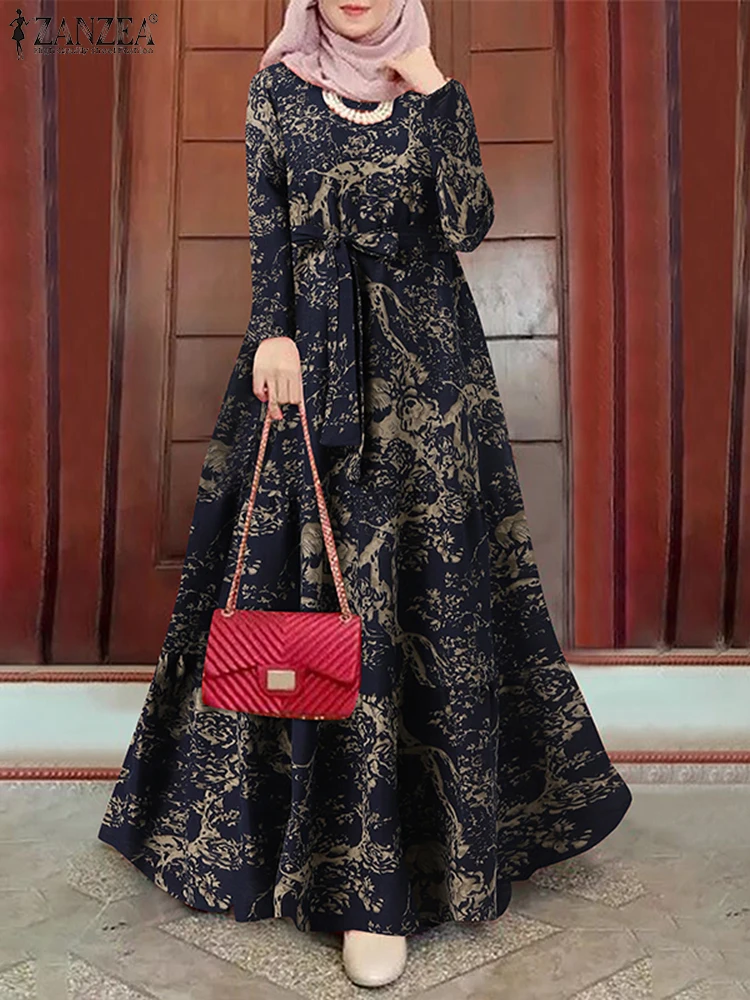 2024 Autumn Printed Floral Sundress Muslim Dress Abaya Women Islamic Clothing ZANZEA 2024 Casual Long Sleeve Maxi Vestidos Robe