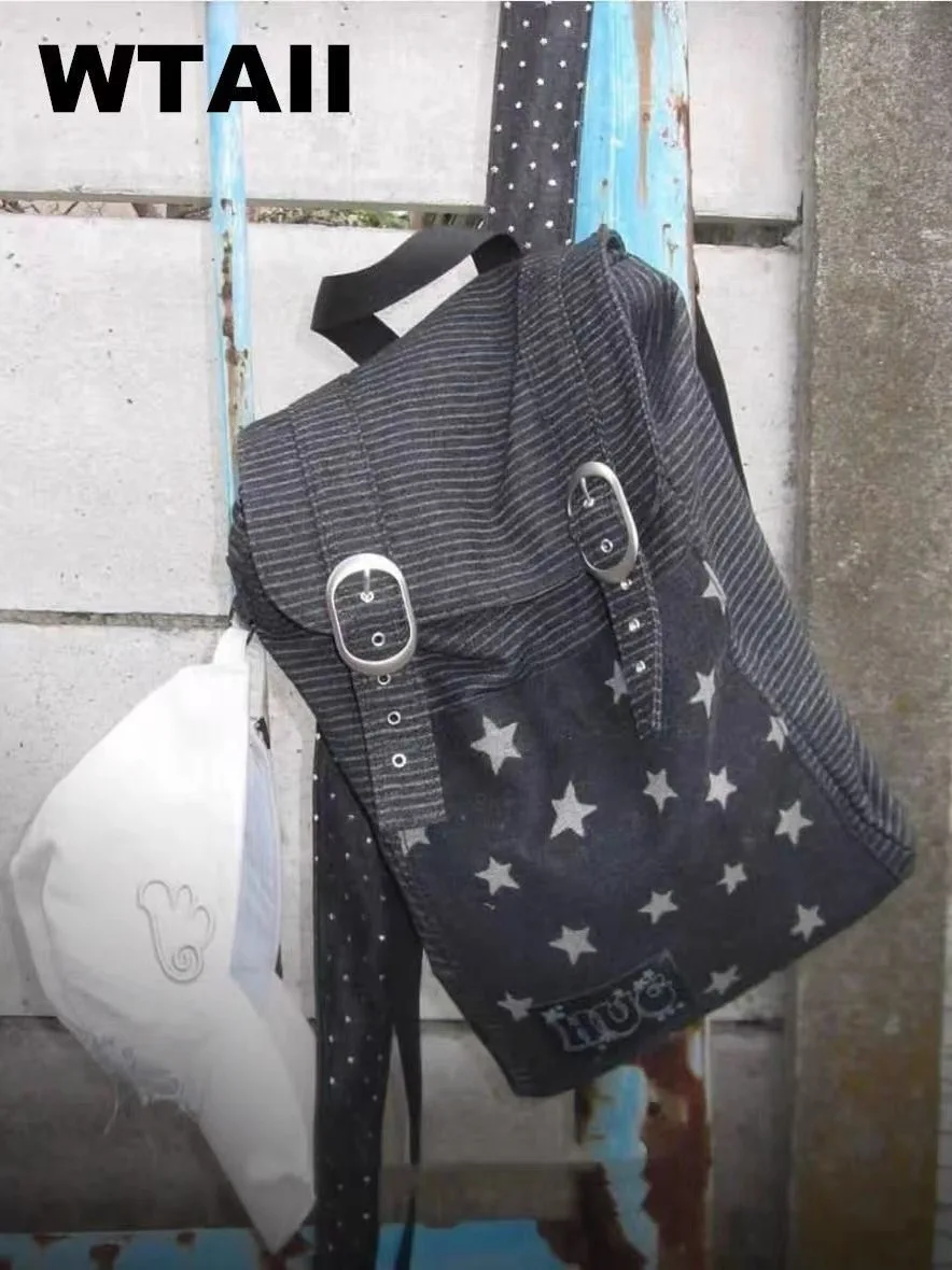 

Original Y2K Polka Dot Stripe Star Denim Double oulder Bag Bapa for Women Commuter Sle Soft Handle Zipper Closure