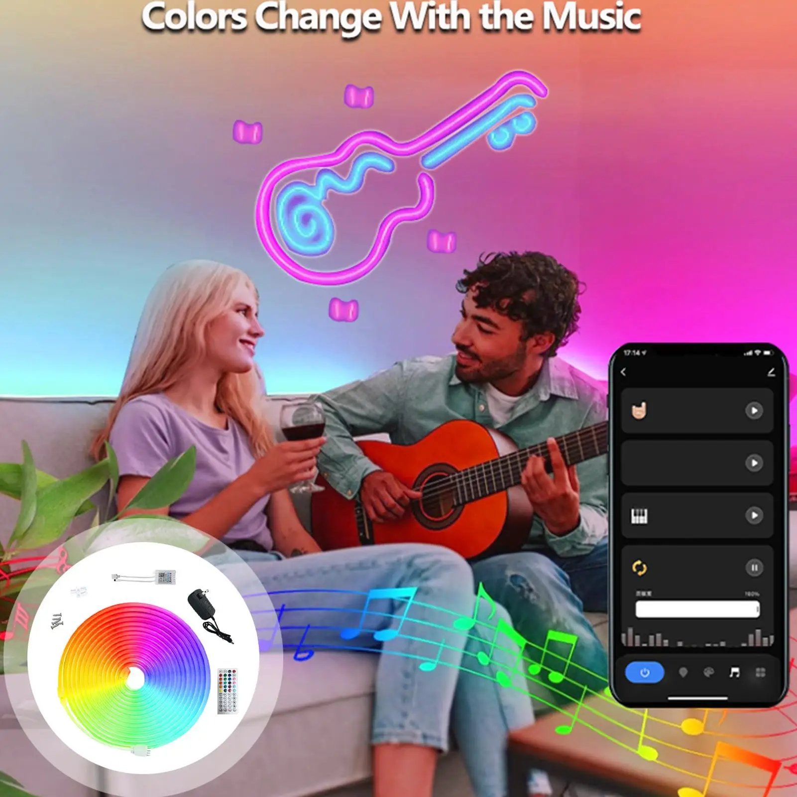 LED Light Strip Waterproof Color Changing Music Tape 16.4 FT Waterproof LED Strips Lights For Outdoor Home Living Room Bedroom