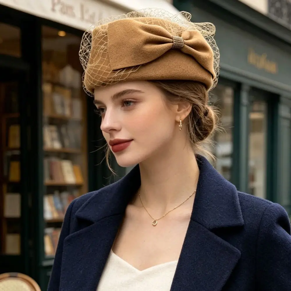 New Elegant Mesh Wool Jazz Hat Warm Woolen Breathable Air Stewardess Cap Bowknot Veil Hat Evening Cocktail