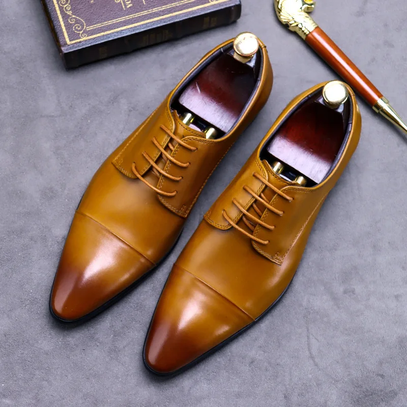 New Leather Shoes Pointed Toe New British Business Men's Formal Men's Shoes Three-Joint Large Size Genuine Leather Wedding Shoes